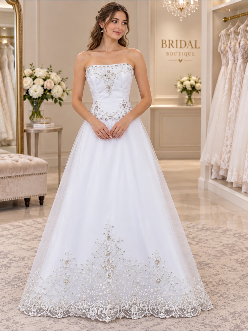 NWT Size 10 White Strapless Wedding Dress Lace Embroidered Train Wedding Gown